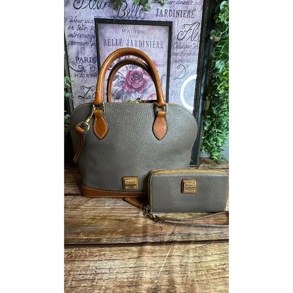 Dooney and Bourke Leather Zip Satchel Taupe and Brown & Matching Wallet